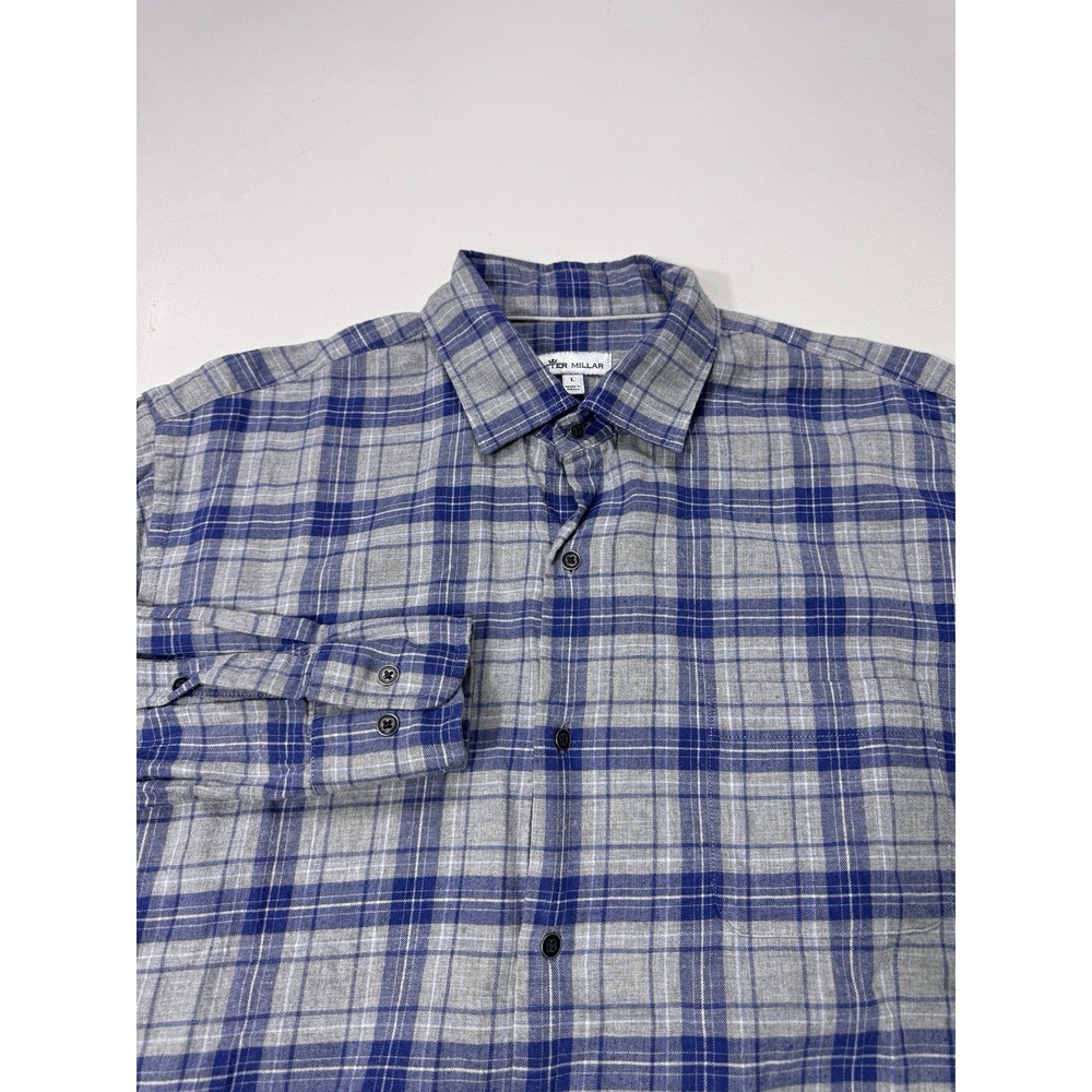 Peter Millar Crown Eagle Chase Plaid Flannel Shirt Mens L MF22W66CFL Gray Blue